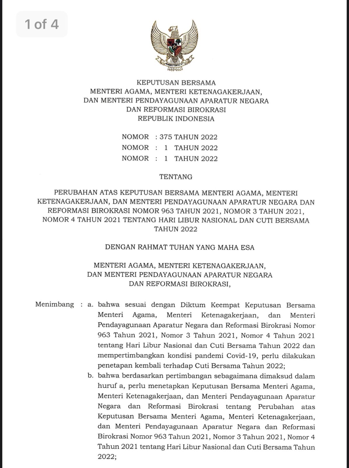 SKB Tiga Menteri Tetapkan Cuti Bersama Idulfitri 1443 H